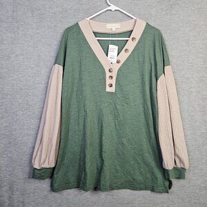 Weekend Suzanne Betro Women's Green Beige Waffle Knit Sleeve Top Size L NEW